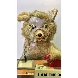 Linemar Tin Toy "I Am The Boss" Drinking Writing Bear Japan 1950s AS-IS